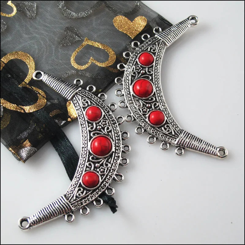 2Pc Retro Tibetan Silver Red Moon Charms Pendants Connectors 40x67.5mm