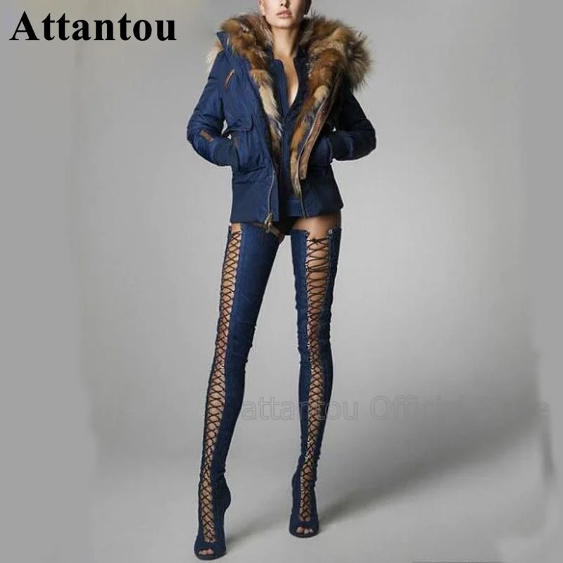 Fashion Blue Denim Jeans Crotch Designer Thin High Heel Boots Women Over The Knee Thigh High Long Booty Lace Up Slim Fit Boots