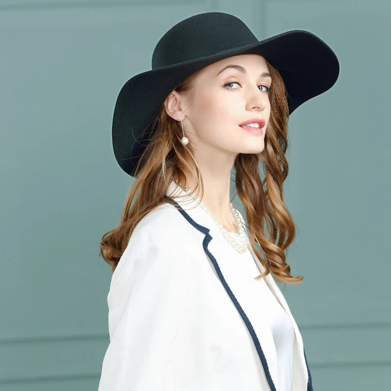 

Women's Winter Floppy 100% Wool Felt Cap Retro Bucket Hats for Winter 2017 Wide Brim Fedoras Hat Dome Cap B-7461