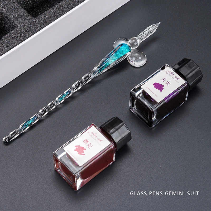 Gemini set  glass pen dip pen color ink gold and silver pink crystal water transparent pen gift box