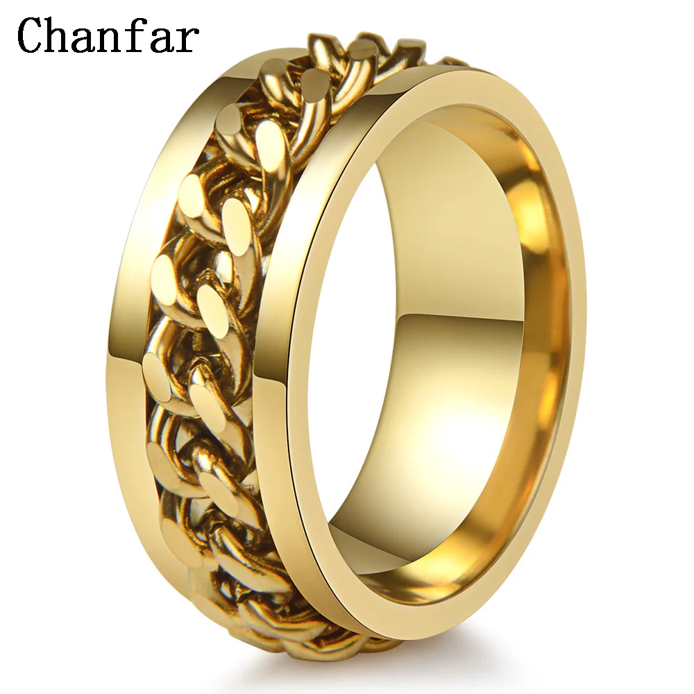 Chanfar Fashion Metal Punk Rock Biker Gold Color Ring Men Stainless Steel Turnable Chain Spinner Ring Fashion Finger Jewelry