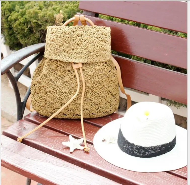 5 pcs/lot Vintage women bag Backpack Designer Hollow Out Woven Drawstring Laides Bags Summer Beach Backpacks straw bag