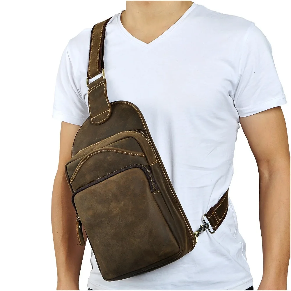 Quality Men Crazy Horse Leather Casual Waist Pack Chest Bag Design Sling Bag One Shoulder Bag Crossbody Bag For Male 9977