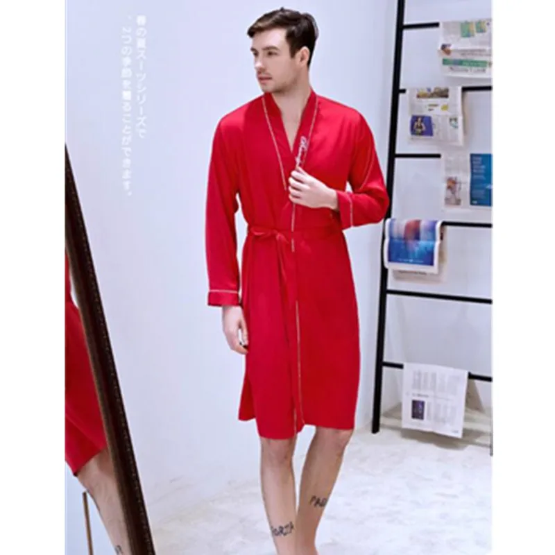 Men's Robe Pajamas Ice Silk Set Long Sleeves Nightgown Homewear New Style Leisure Sleepwear Simple Plus Size Home Clothes J132