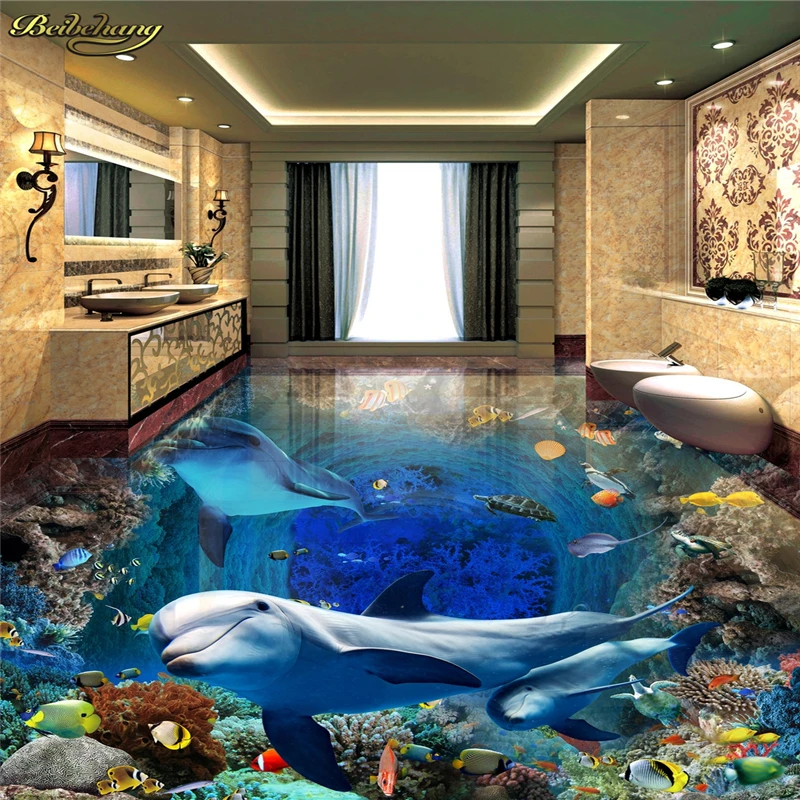 

beibehang Custom photo wallpaper floor painting floor affixed to the submarine world dolphin mother and son deep 3D stereo floor