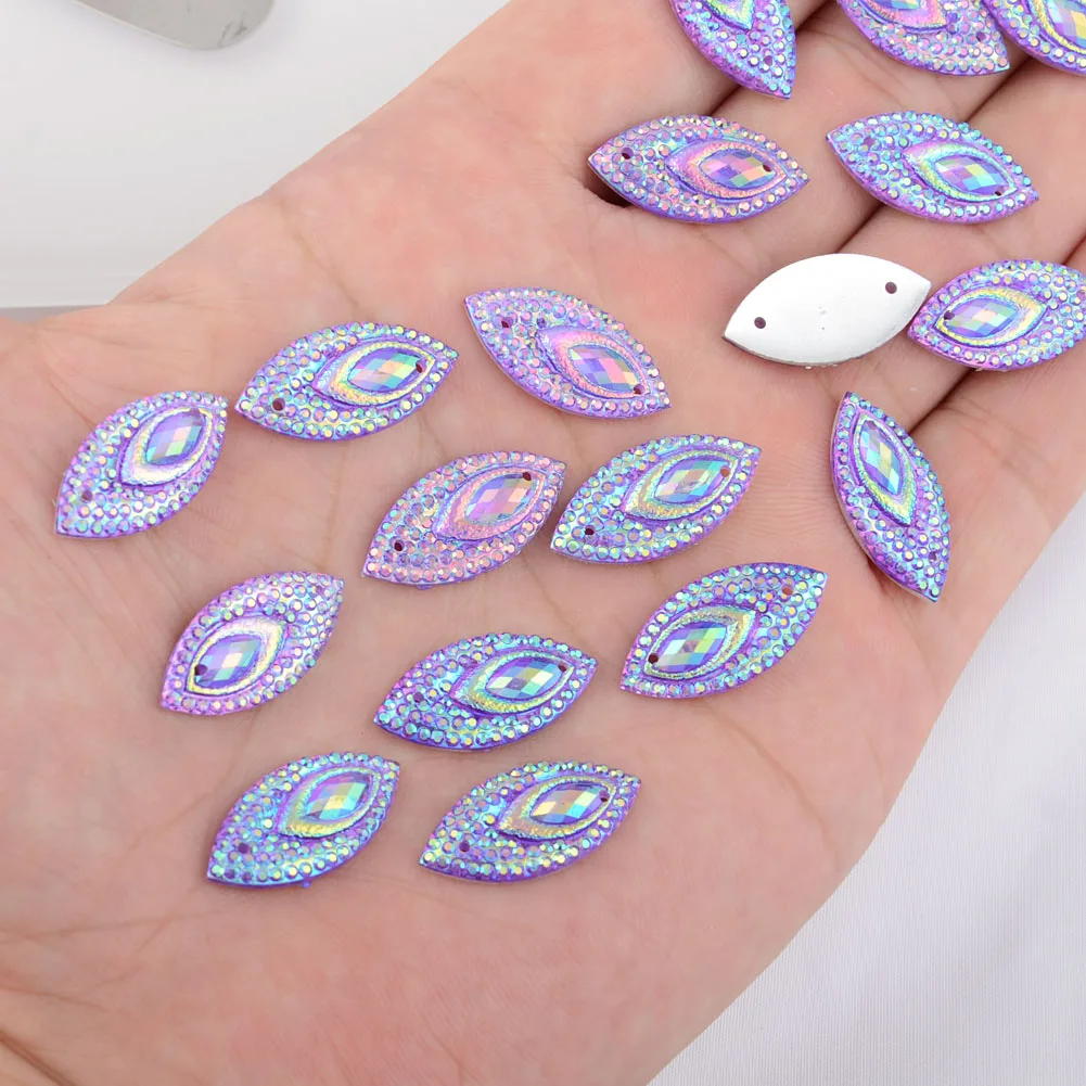 BOLIAO 20Pcs 11*22 mm (0.43*0.87 in) AB Color Horse eye Shape Purple Resin Flatback Sew On Clothes/Home Decor Crafts DIY