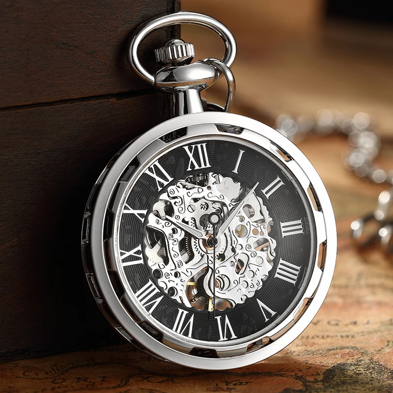 Vintage Watch Necklace Steampunk Skeleton Mechanical Fob Chain Pocket Watches Roman Number Clock Pendant Hand-winding Men Women