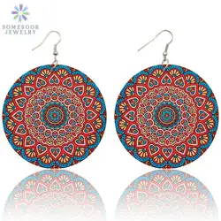 SOMESOOR Painting Bohemian Natural African Wooden Drop Earrings 2022 Sunflower AFRO Fabric Ethnic Pendant Jewelry For Women Gift