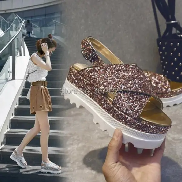 Qianruiti-Sandales à plateforme scintillante pour femmes, Peep Parker, Bling Wedges, Optics Heels, Street Casual, Slingbacks, Outdoor, Summer, 2018