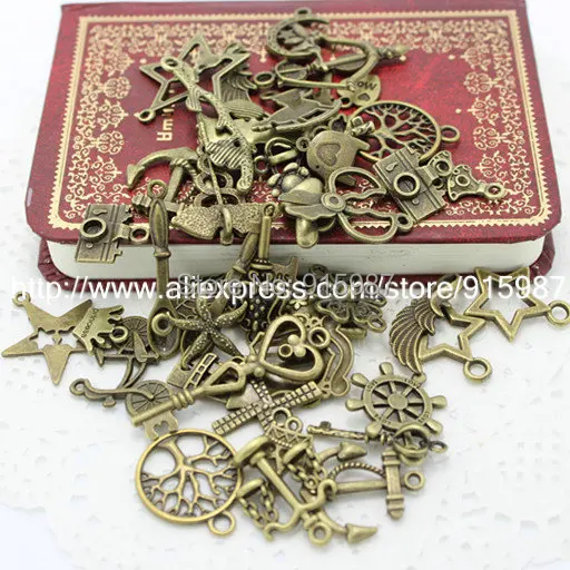 Sweet Bell 100pcs 60-80pattern Mixed  Assorted Carved Charms Pendants Beads Metal Alloy Pandent Antique Bronze Diy Bead