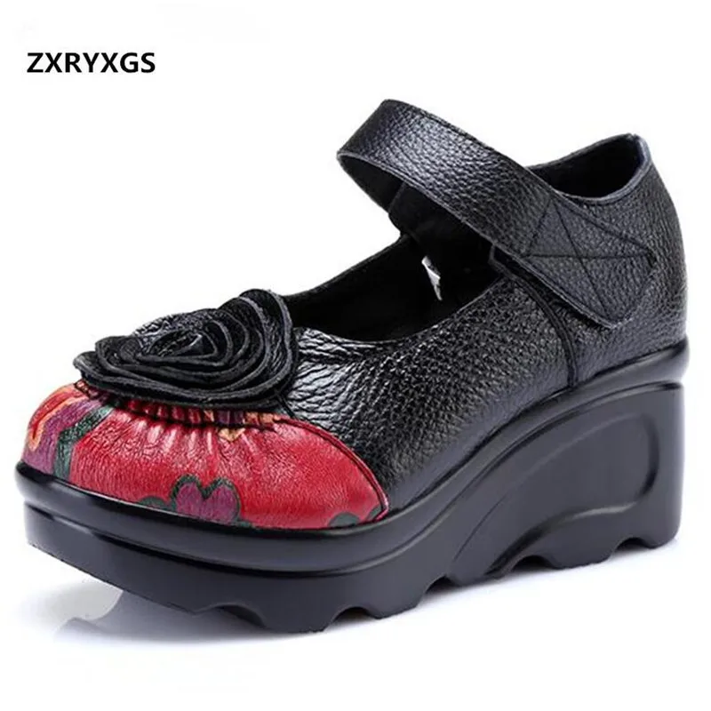 ZXRYXGS New 2024 Famous Spell Colors Flowers Cowhide Leather Shoes Woman Fashion Shoes Platform Wedges Women Shoes High Heels