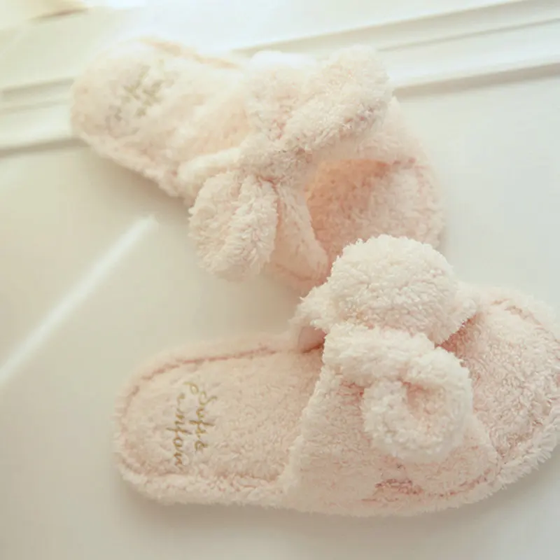 One Sies 36-38  Female Summer Big Bowknot Plush Slippers Indoor Floor Home Soft Sweet Wome 2colors Adult Guest Soes