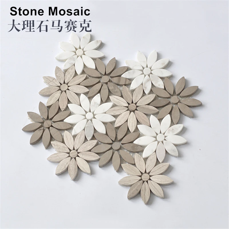 Nordic Style Polished Natural Stone Carrara White Flower Pattern Marble Mosaic Tile, Kitchen Bathroom fireplace wall floor tiles