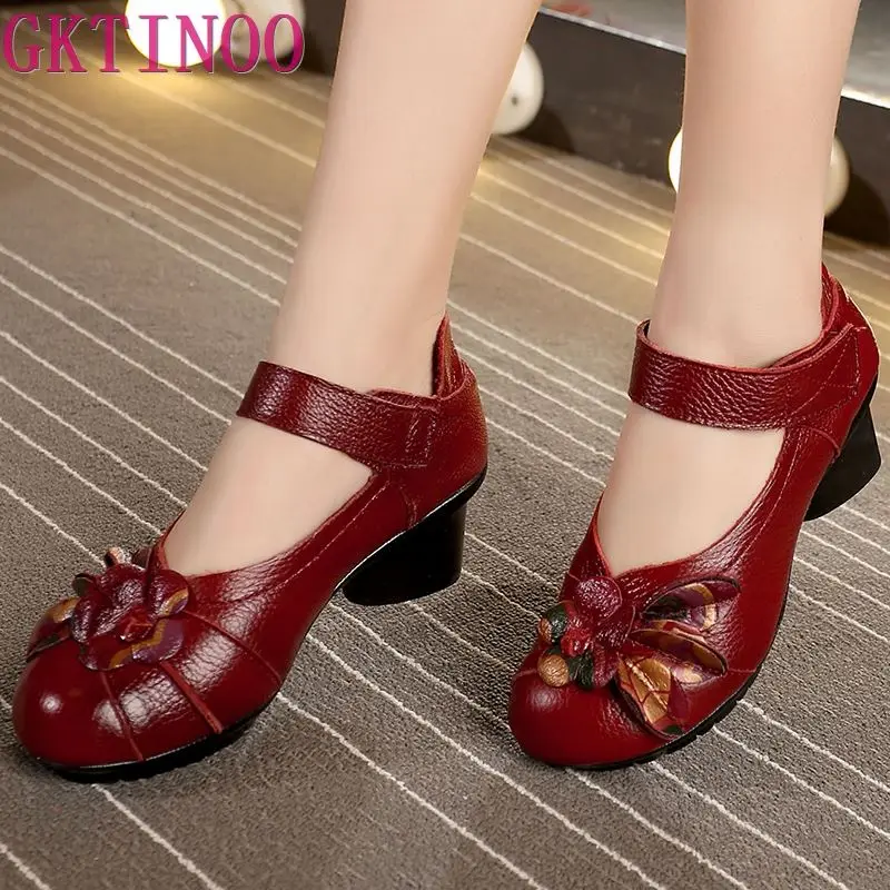 GKTINOO 2024 Spring Summer Ethnic Style Genuine Leather Handmade Shoes Women Mid Heels Pumps Round Toe High Heels