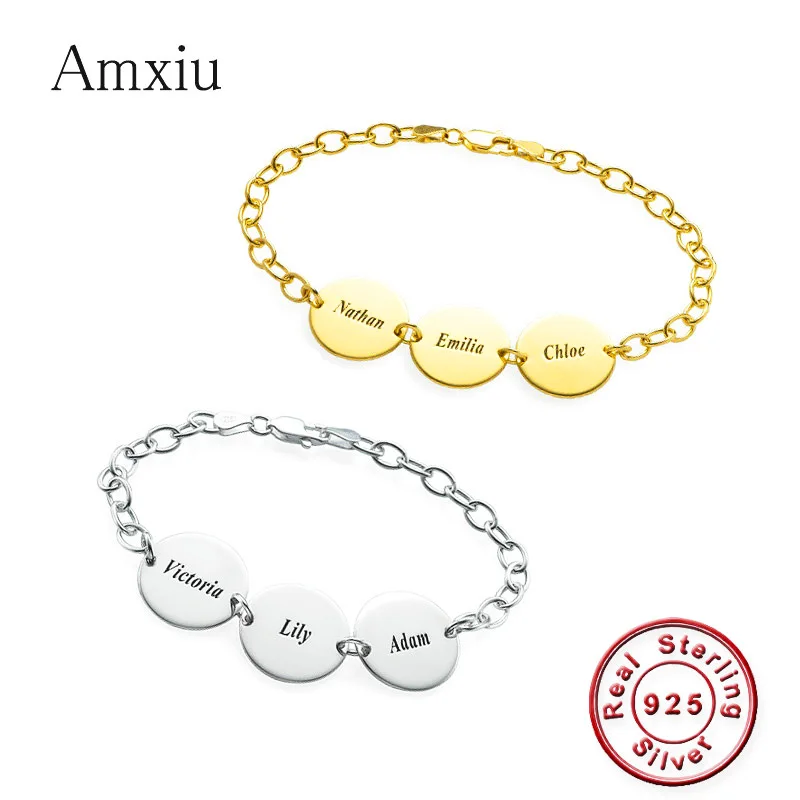 Amxiu Personalized 925 Sterling Silver Bracelet Bangles Engrave Three Names Bracelets DIY Custom Jewelry For Family Sister Gift