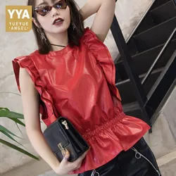 Summer Women Tank Vests Sexy Hollow Out Sleeveless Vest Women Sheepskin Genuine Leather Ruffles Waistcoat Falbala Vest Tops