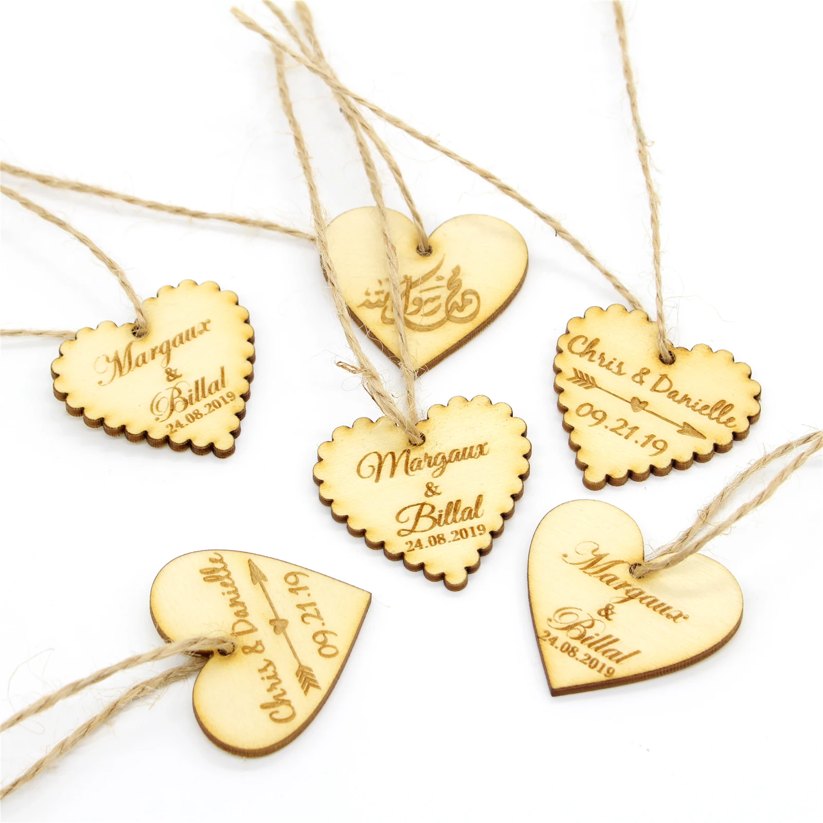 

50Pcs Personalized Engraved Wooden Wine Charm, Custom Wood Label Tags, Wedding Heart Gifts Tags, Rustic Bridal Shower Favor Tags