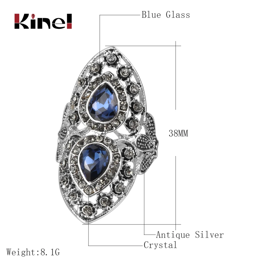 Kinel Luxury Blue Glass Ring For Women Antique Tibetan Silver Party Grey Crystal Vintage Wedding Jewelry 2020 New