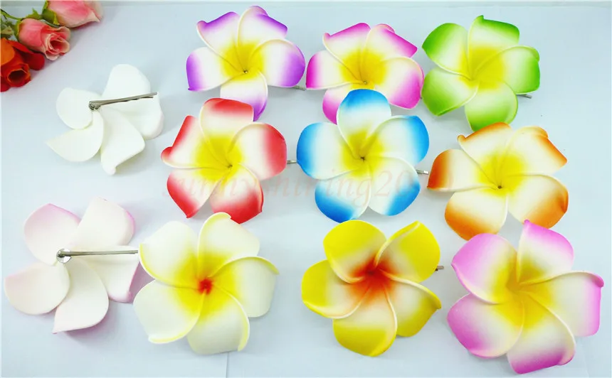 50 New mixed color Foam Hawaiian Plumeria flower Frangipani Flower bridal hair clip 8cm