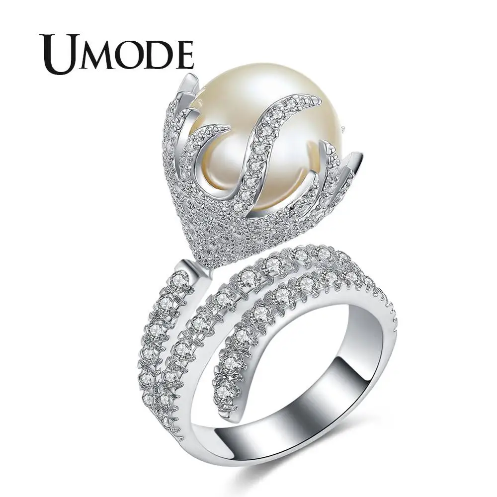 UMODE Ultra Big Synthetic Pearl Jewelry Fire Shaped Zirconia Rhodium Color Micro Paved Rings for Women New Anel Feminino UR0327