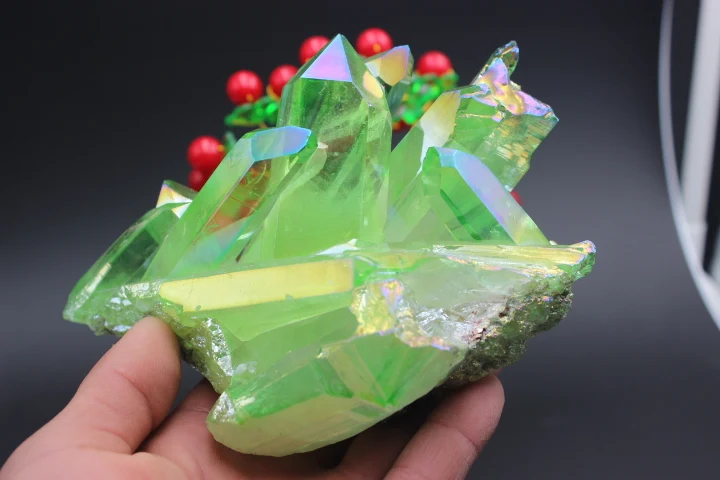 Green halo quartz crystal healing wand specimen bismuth titanium silicon clusters