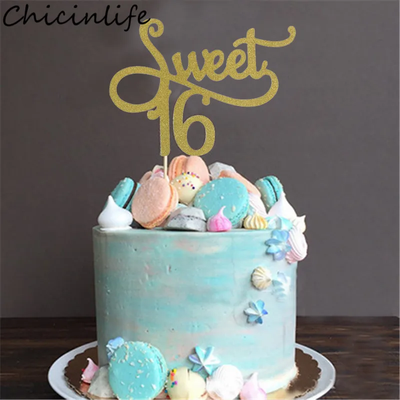Chicinlife 1Pcs Gold/Black/Silver Sweet 16 Cake Topper 16th Birthday Cake Topper Anniversary Birthday Party Decoration Supplies image 2