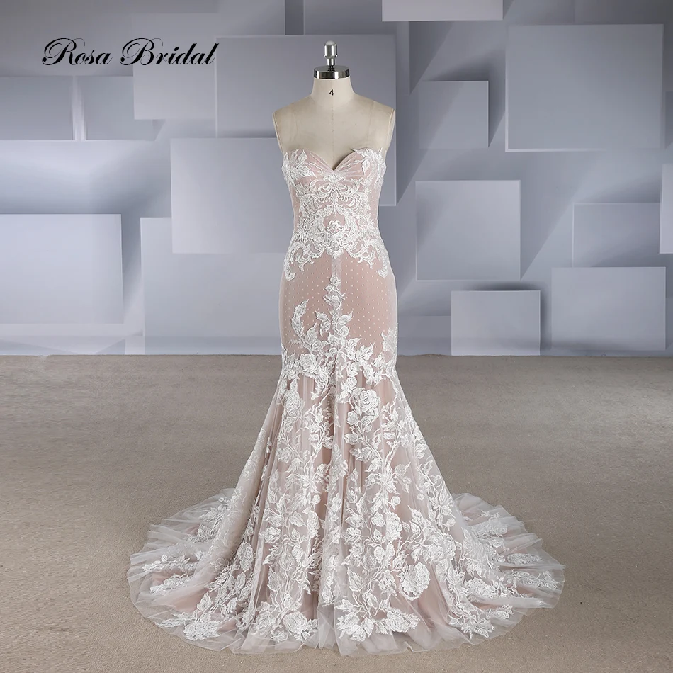 

Rosabridal Mermaid Wedding Dress 2019 Lovely Candy Color Backless Strapless nude tulle lace applique sexy Trumpet bridal gown