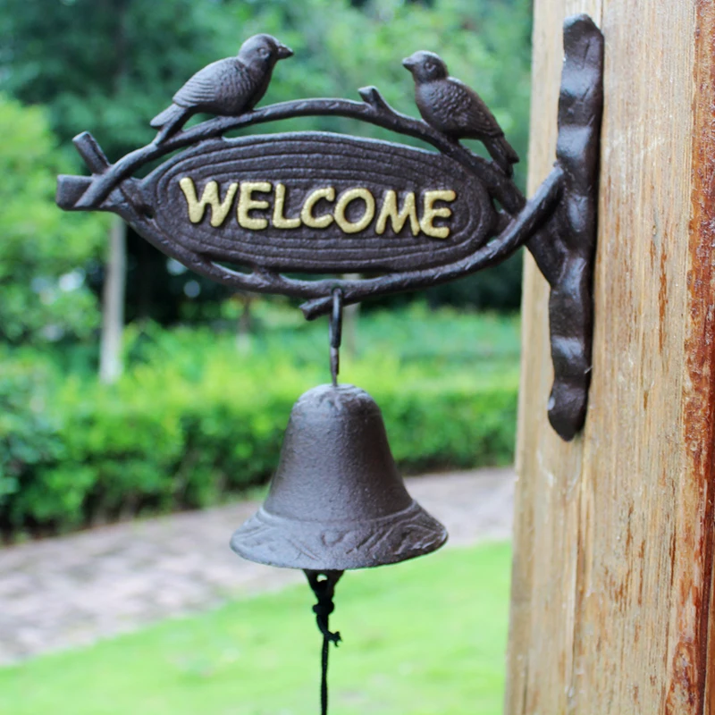 Black Two Bird Branch Cast Iron Welcome Bell Double-Sided Wall Mounted Hand Cranking Welcome Door Bell With Gold Welcome Plaques