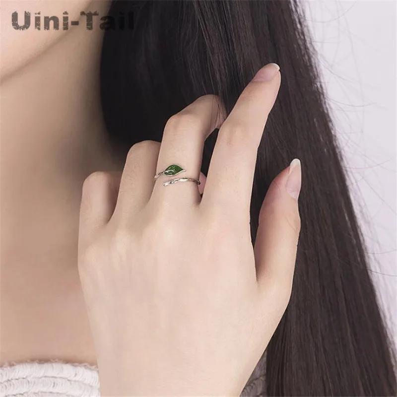 Uini-Tail hot new 925 Tibetan silver art small fresh branch green leaf ring Creative simple opening adjustable ring  JZ144