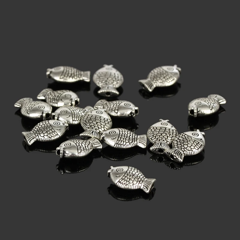 

100pcs/lot Cute Charms Antique Tibetan Silver Metal Beads Fish Shape Spacer Beads Fit European Bracelet Jewelry DIY 8X12mm