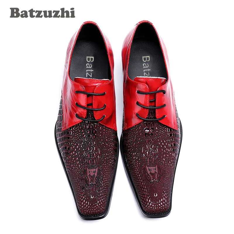 Zapatos de hombre de estilo italiano de lujo, zapatos de vestir pequeños con punta cuadrada para hombre, zapatos de cuero genuino con cordones, zapatos de boda rojos para hombre, Oxfords, US12