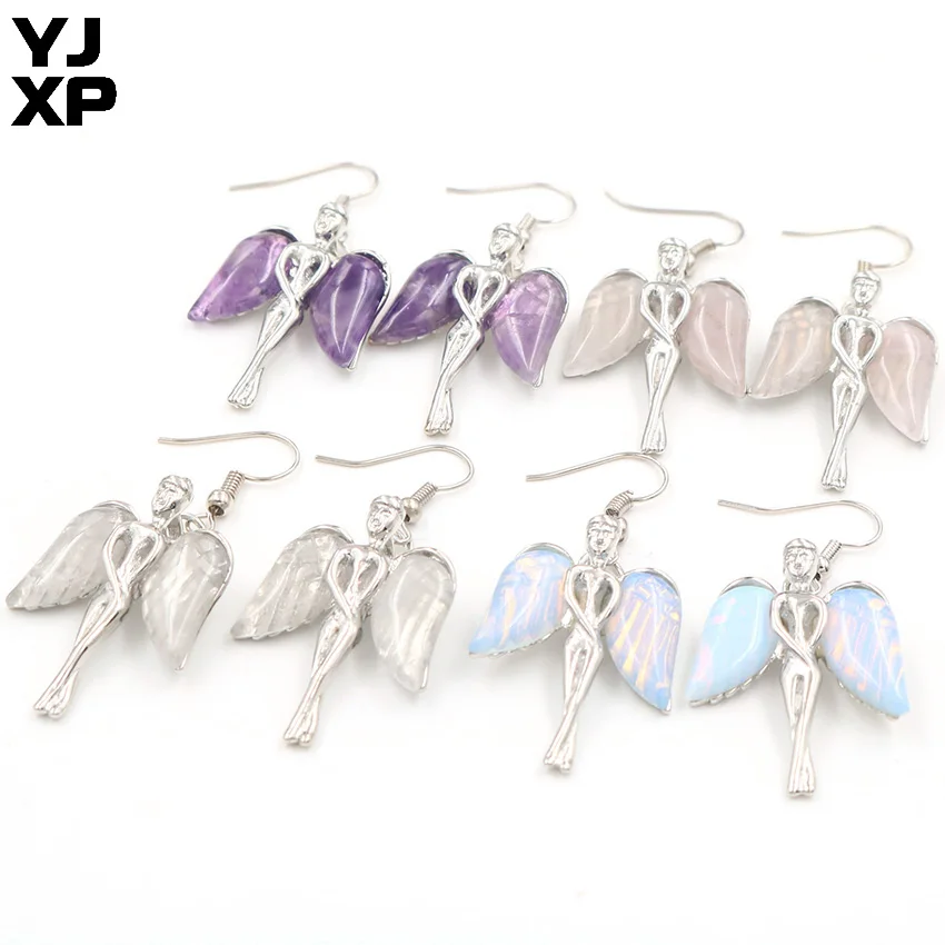 

YJXP Small Angel Wing Earrings Natural Amethysts Rose Pink Quartzs Rock Crystal Opal Earings for Women Reiki Charms Jewelry Gift