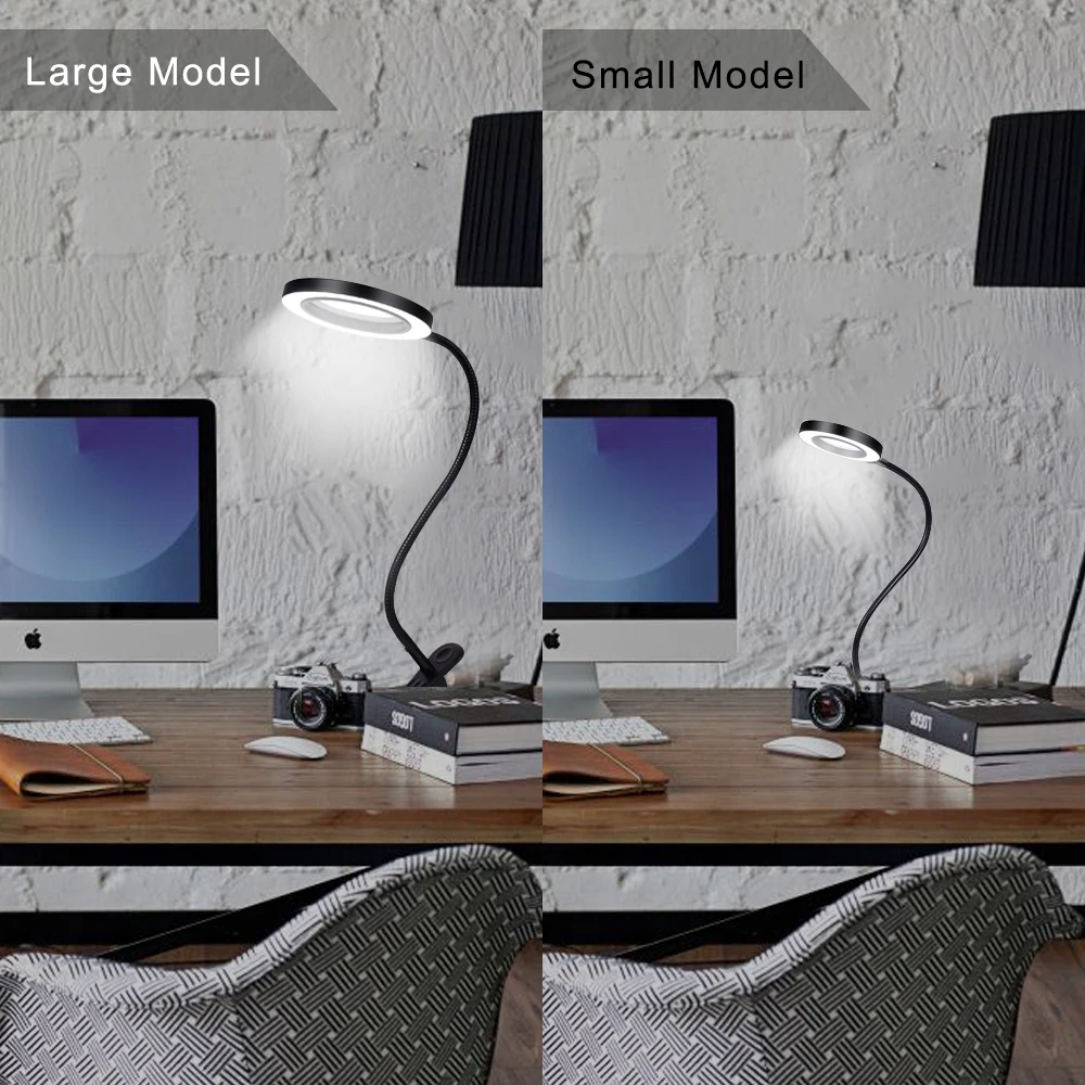 3X-5X Flexible Magnifier USB 3 Colors Lamp Clip-on Table Top Desk LED Reading Large Lens Illuminated Magnifying Glass for Home