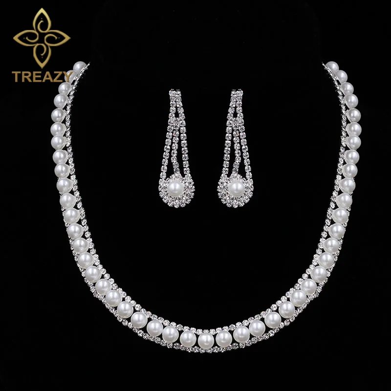 TREAZY Elegant Pearls Crystal Bridal Wedding Jewelry Sets African Jewelry Sets Choker Necklace and Earrings Set Party Gifts