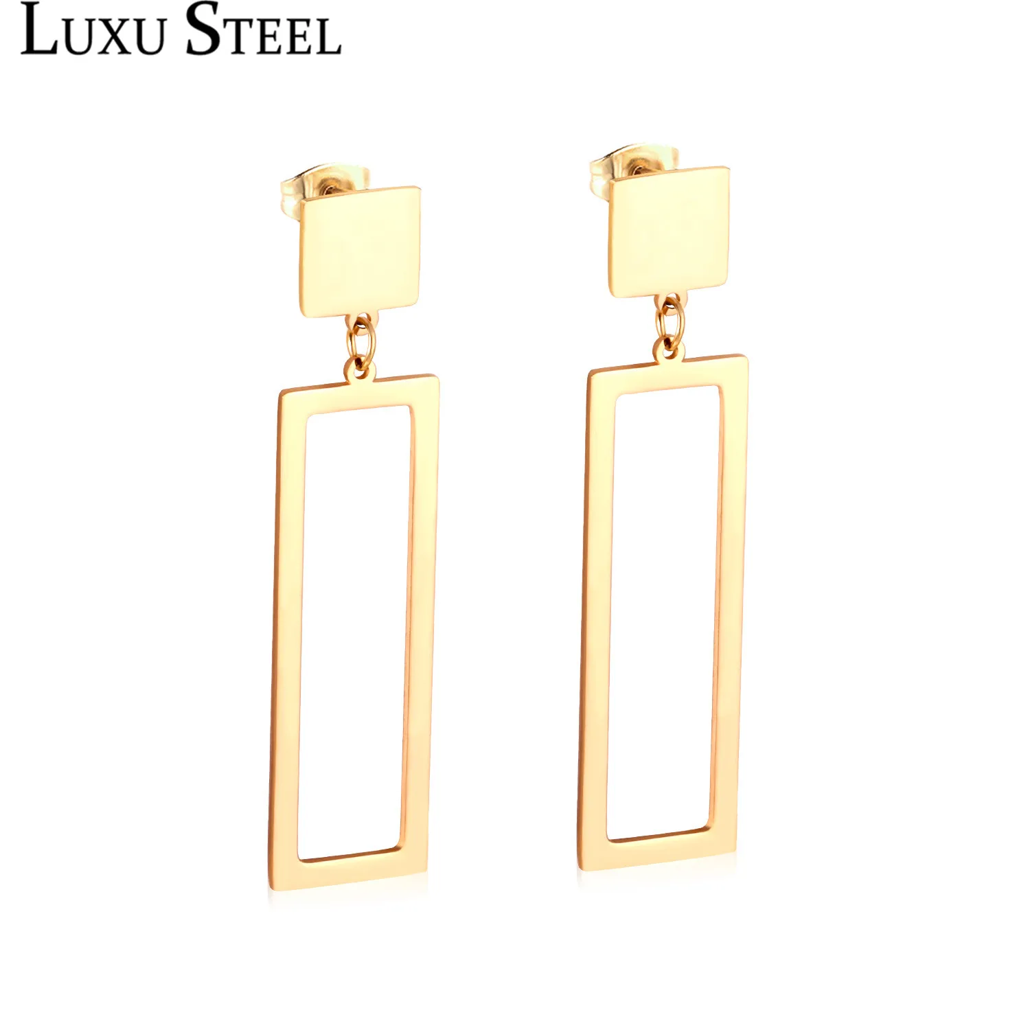 LUXUSTEEL Classic Style Geometry Rectangle Drop Earrings Stainless Steel Golden Color Hollow Out Earrings Fashion Jewelry Party