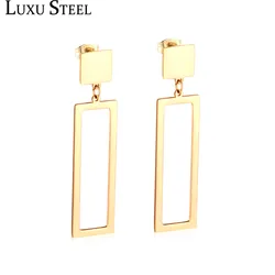 LUXUSTEEL Classic Style Geometry Rectangle Drop Earrings Stainless Steel Golden Color Hollow Out Earrings Fashion Jewelry Party