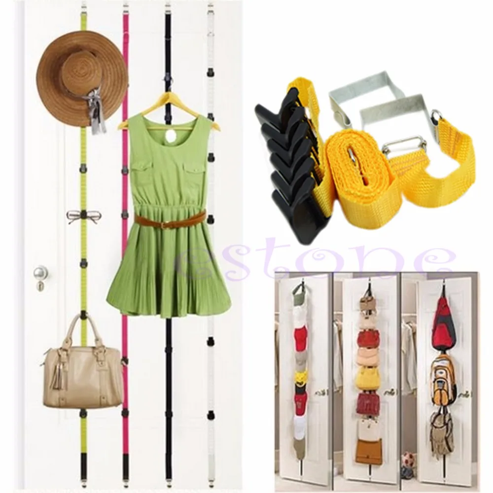 New Door Hat Bag Clothes Rack Holder Organizer Adjustable Straps Hanger 6 Hooks