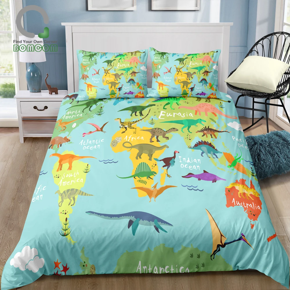 BOMCOM 3D Digital Printing map print Duvet cover set dinosaur world map cartoon Bedding Set 100% Microfiber