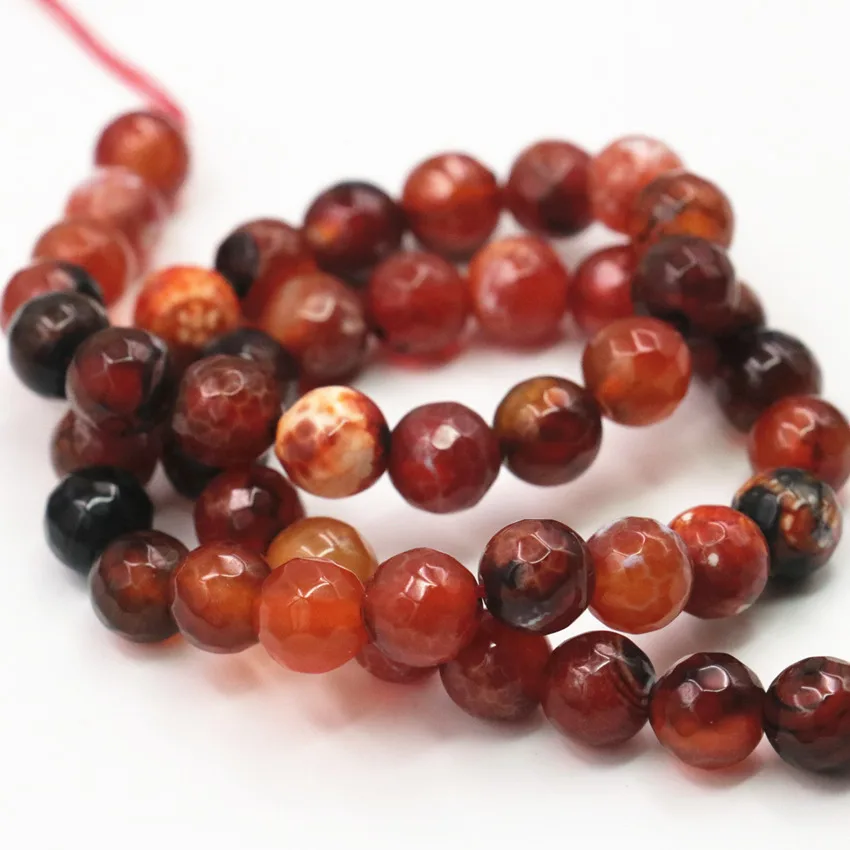 

6mm 8mm 2PCS Wholesale Natural Stone Fire Agates Faceted Round Onyx Carnelian Red Loose Beads for DIY Jewelry Making 15inch A364