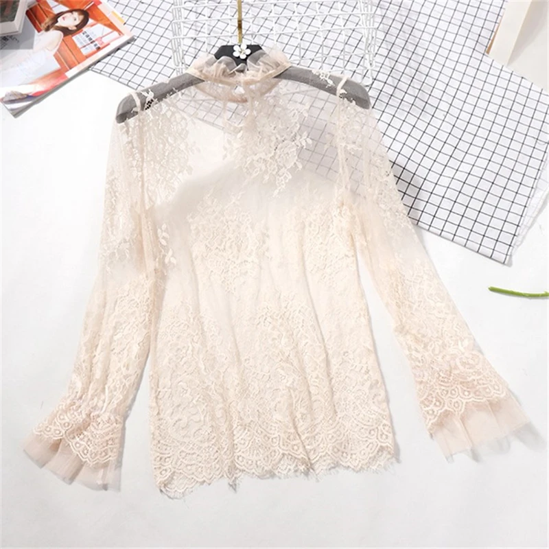 Women Floral Embroidery Mesh Lace Blouses Shirt Women tops Sexy Blouses See-through Hollow Flare Long Sleeve Base Shirt Blouse