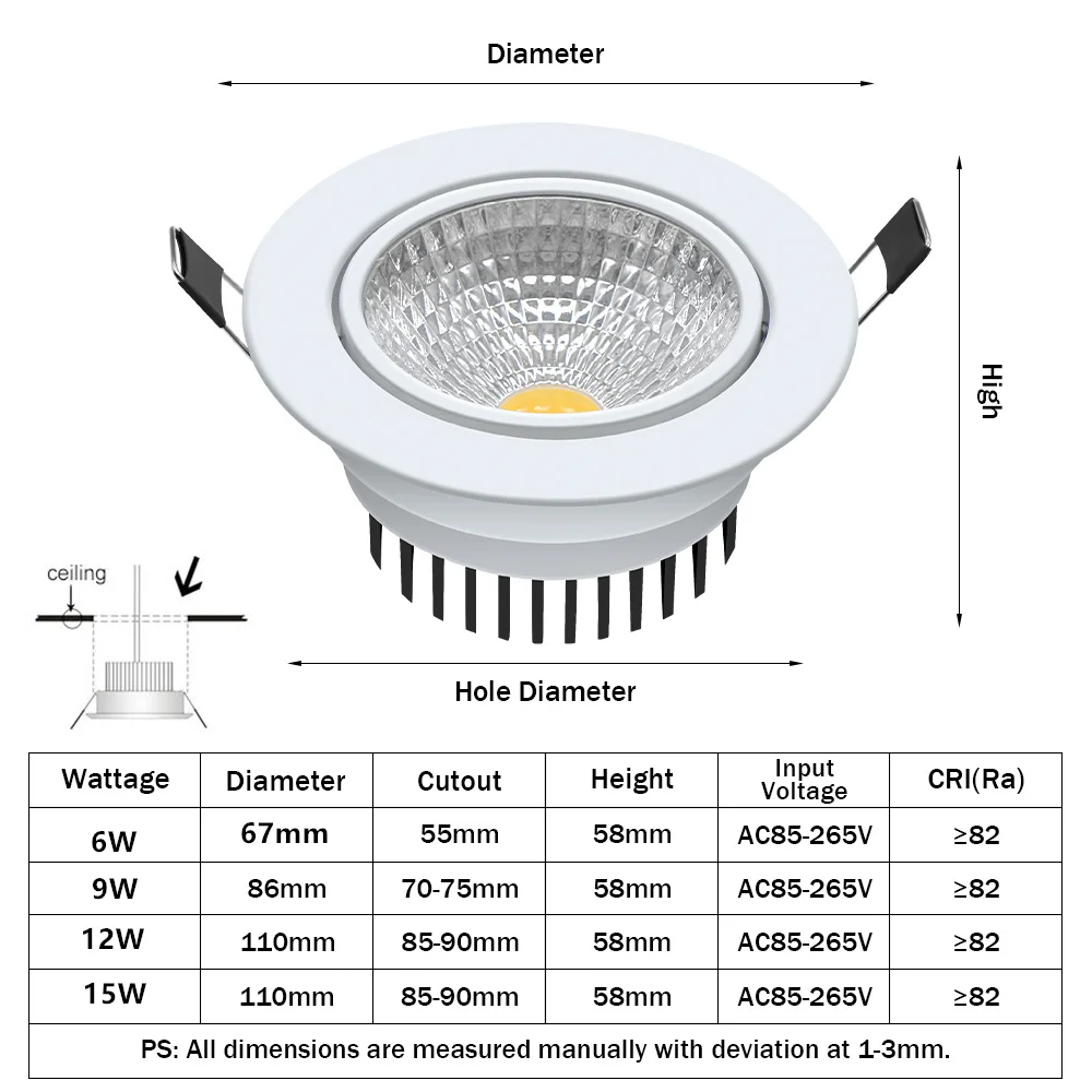 [DBF]Round/Square Recessed LED Dimmable Downlight COB 6W 9W 12W 15W LED Spot Light LED Decoration Ceiling Lamp AC 110V/220V