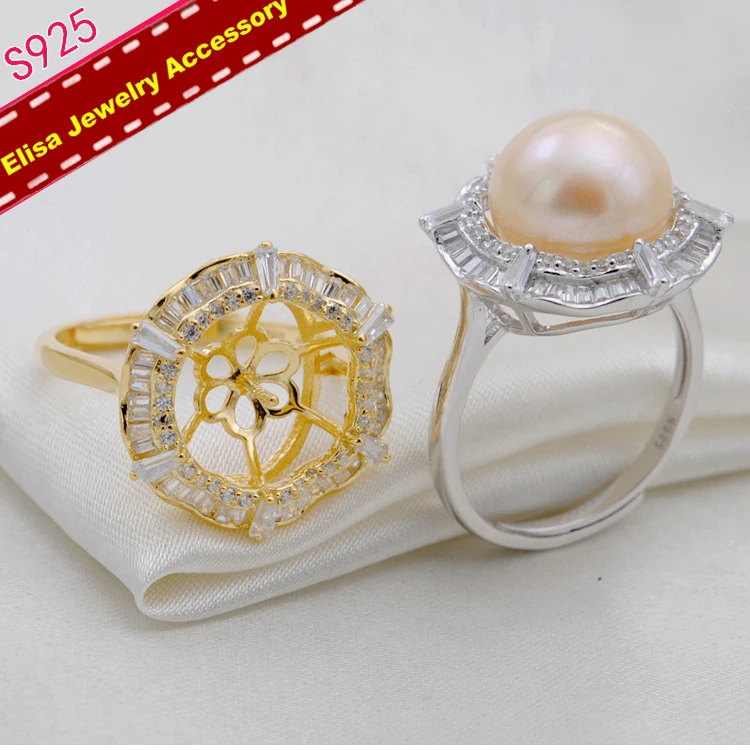 Shinning Elegant Pearl Rings Holder S925 Sterling Silver Ring Settings Women DIY Rings Jewelry Components 2Pieces/Lot