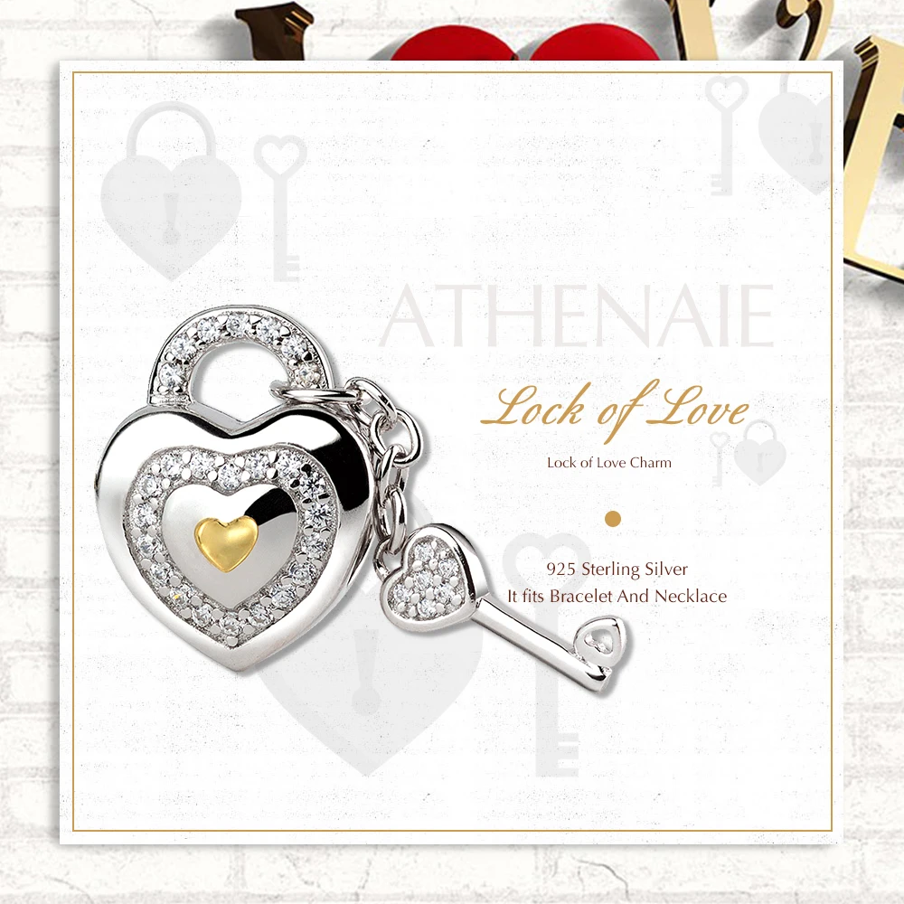 ATHENAIE 925 Silver with Pave Clear CZ Lock of Love Charm Beads Fit All European Bracelets Gift For Christmas , Valentine's Da