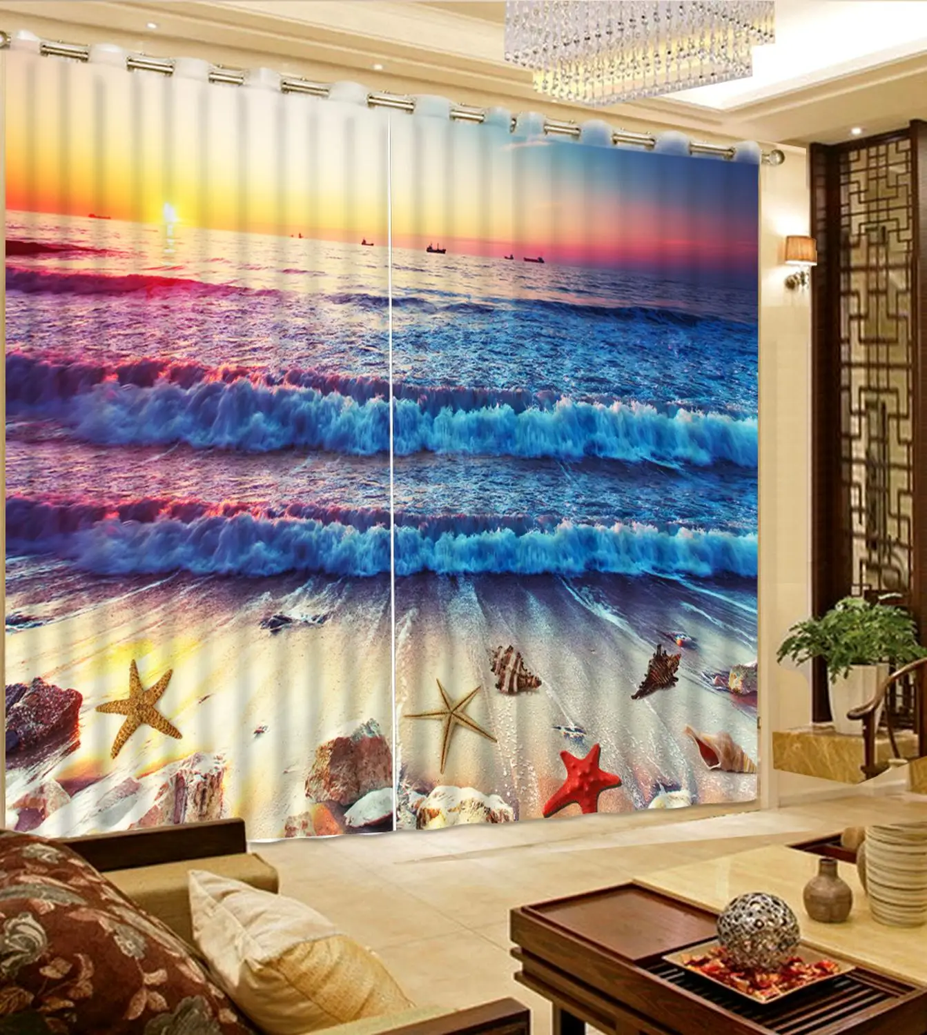 window cutains Wave beach soft solid room darkening curtain European Mediterranean sound proof curtain