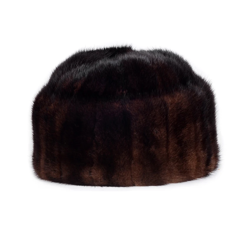 RY987 Winter Men Real Fur Mink Skin President Hats Old Dad Outdoor Head Warm Marten Patchwork Bonnet Black/Brown 56-61cm Beanies