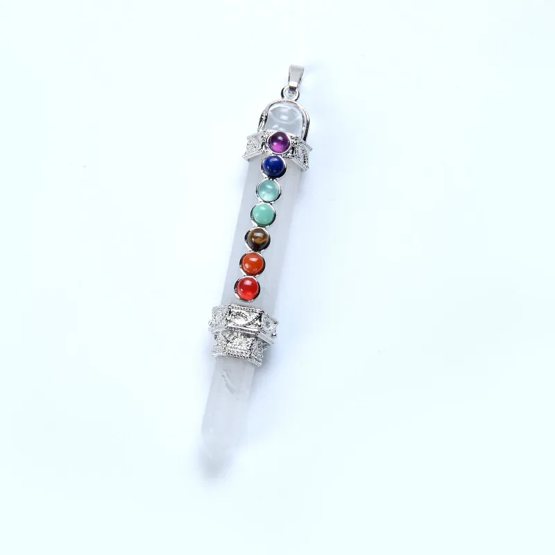 Silver Plated Natural Stone Amethysts Pink Crystal Pendulum Charms Necklaces Reiki Healing 7 Chakra Beads Pencil Point Pendants