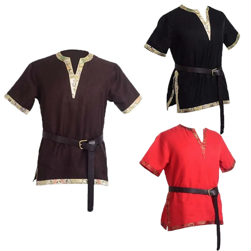 Adult Men Medieval Viking Costume Holiday Cosplay Vintage Knight Warrior Norman Chevalier Braid LARP Tunic Pirate Shirt+Belt