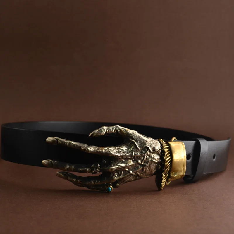 Solid Brass skull hand Belt Buckle DIY Handmade Leather Craft buckle Skeleton hand bone punk rock skull belt belts Accessories