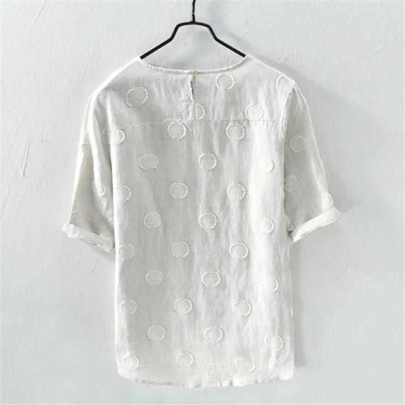 SHIFUREN Summer Breathable Cotton Linen Shirts Hlaf Sleeve Dots Jacquard Soft Causal Male Shirts Tops Solid Color Size M-XXL