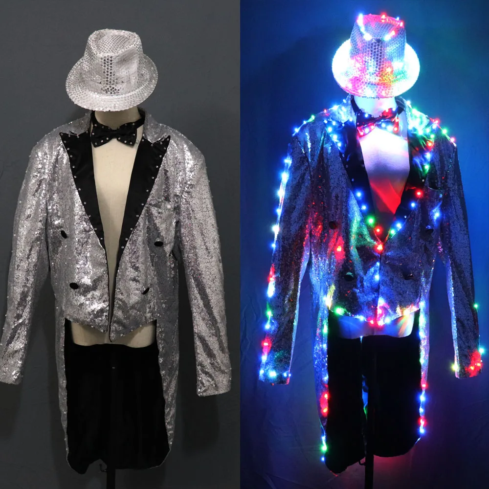 Fashion Swallowtail LED Tuxedo Luminous Costumes Glowing vestidos LED Clothing Show Men LED Clothes Dance Accessories